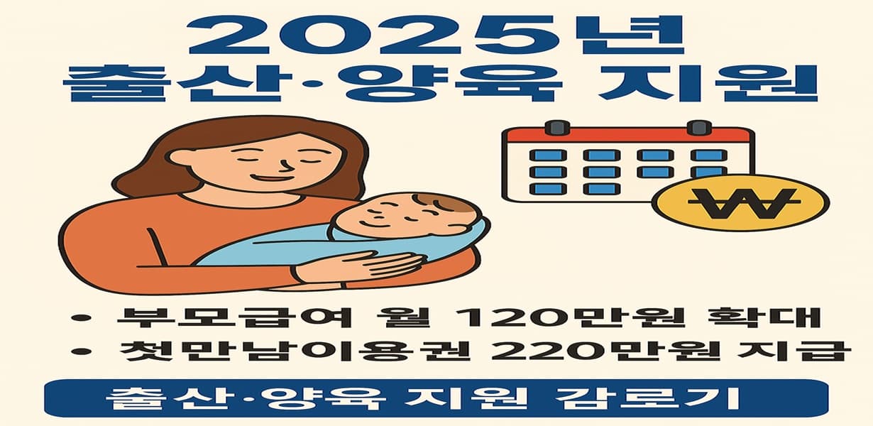 "2025년 출산·양육 지원 안내 이미지, 산모와 아기 일러스트와 정부 지원금 표시 포함"