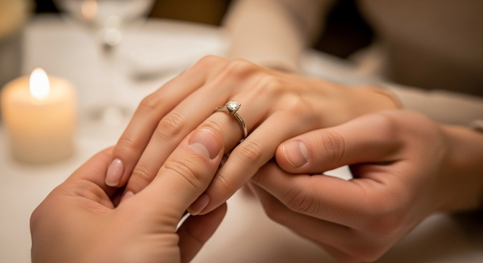 로맨틱한 분위기 속에서 손을 맞잡은 연인의 모습과 손가락에 빛나는 클래식 솔리테어 다이아몬드 프로포즈 반지.