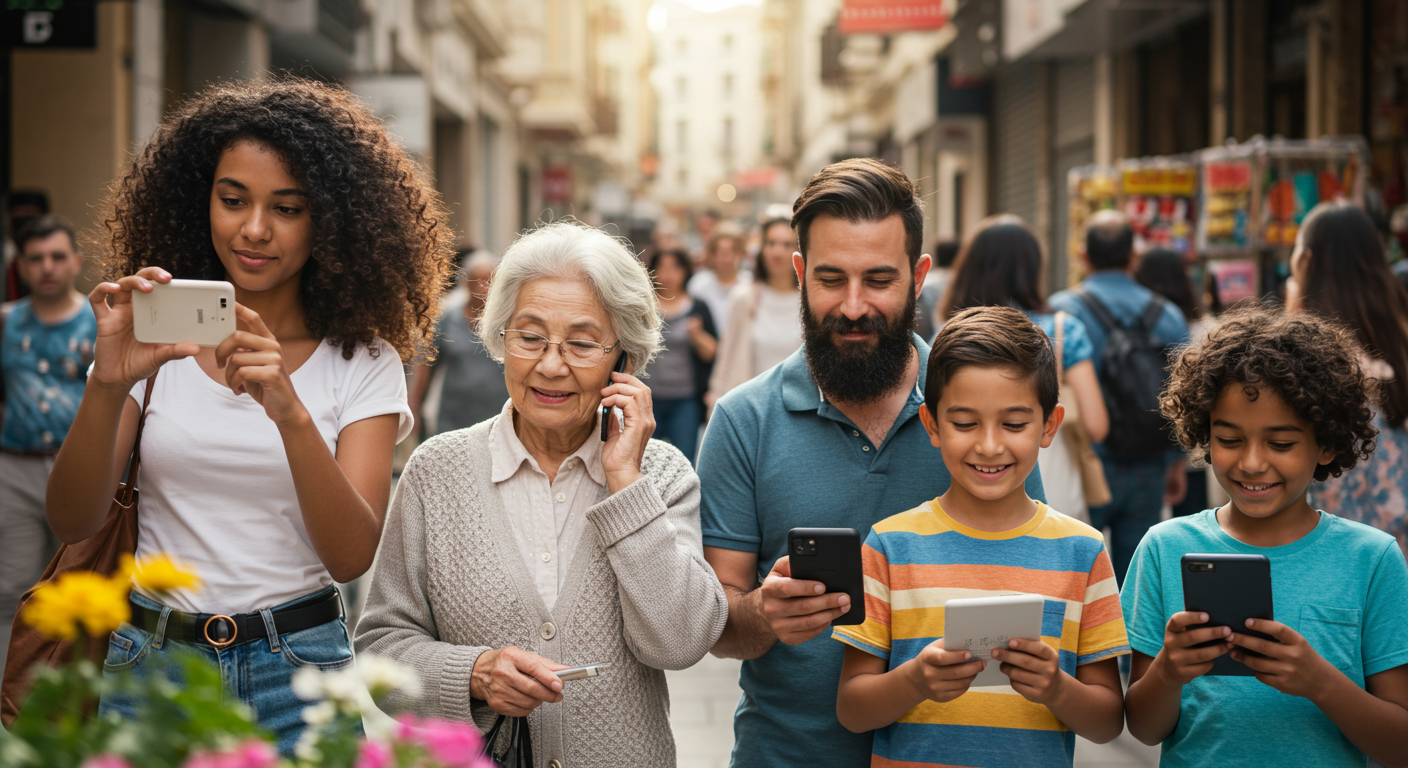 스마트폰을 사용하는 다양한 연령의 사람들