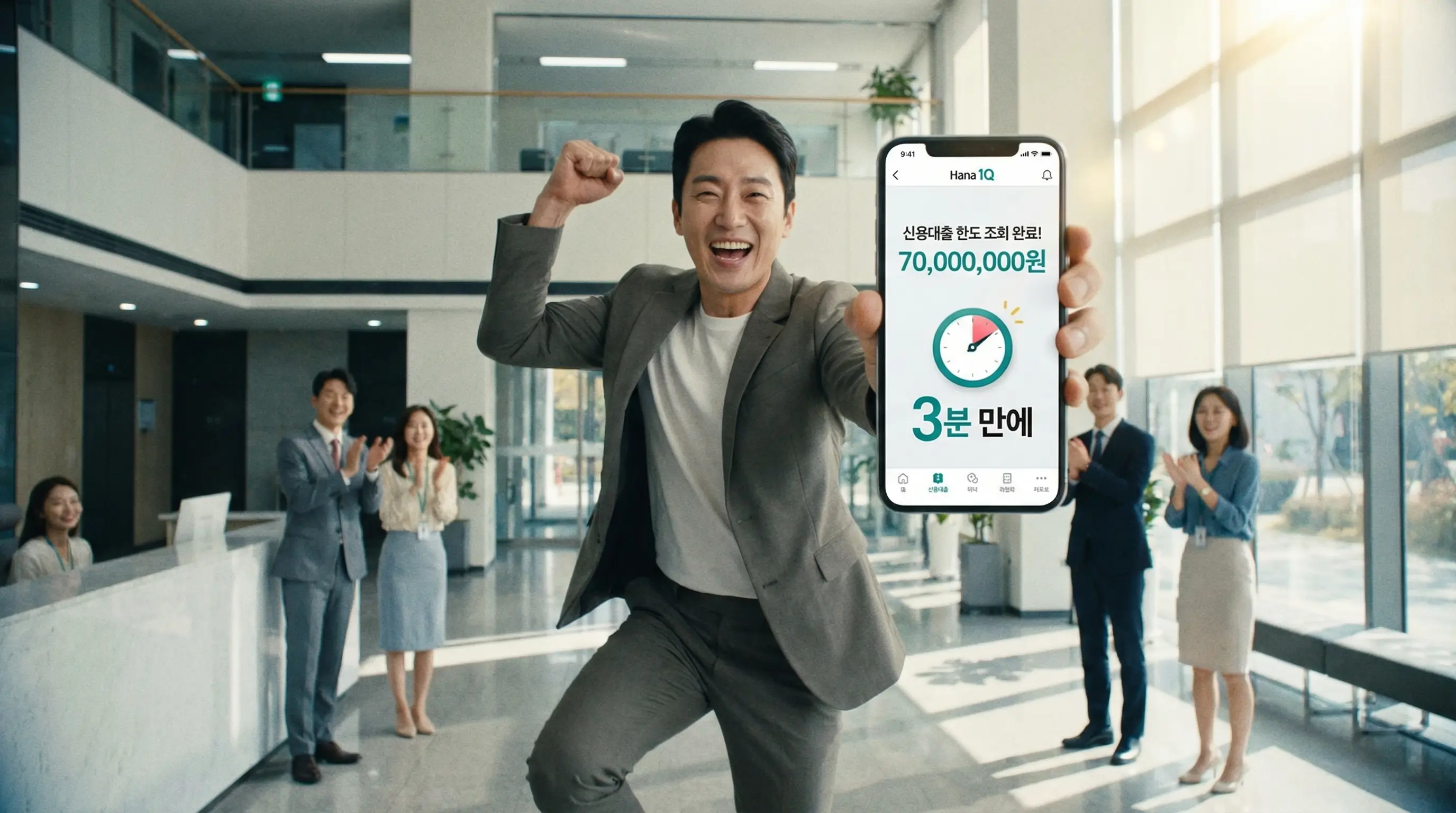 스마트폰 하나원큐 앱으로 3분 만에 신용대출 한도를 조회하고 기뻐하는 직장인의 모습