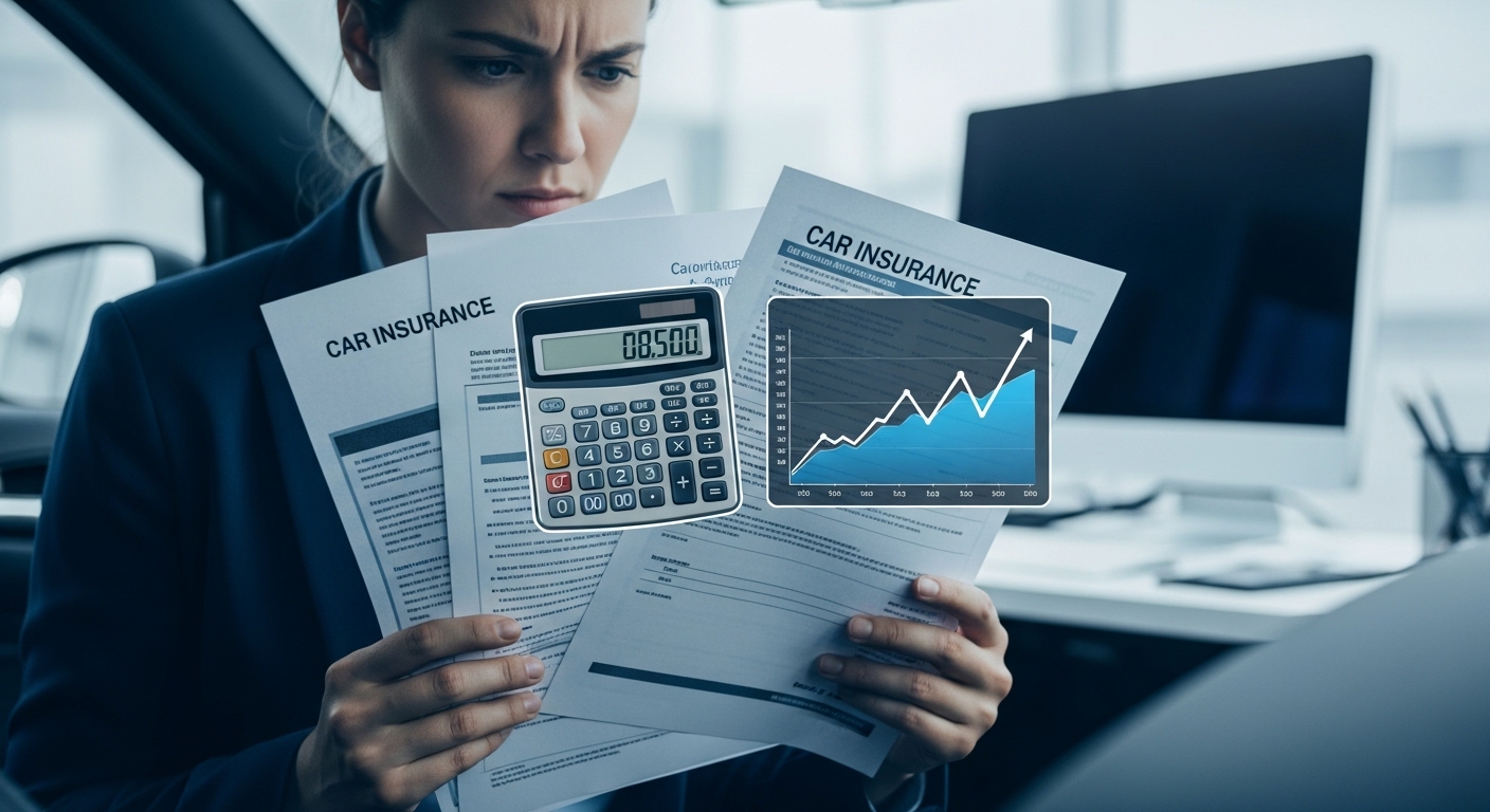 자동차 보험료 인상에 당황한 사람이 서류를 들고 있는 모습.