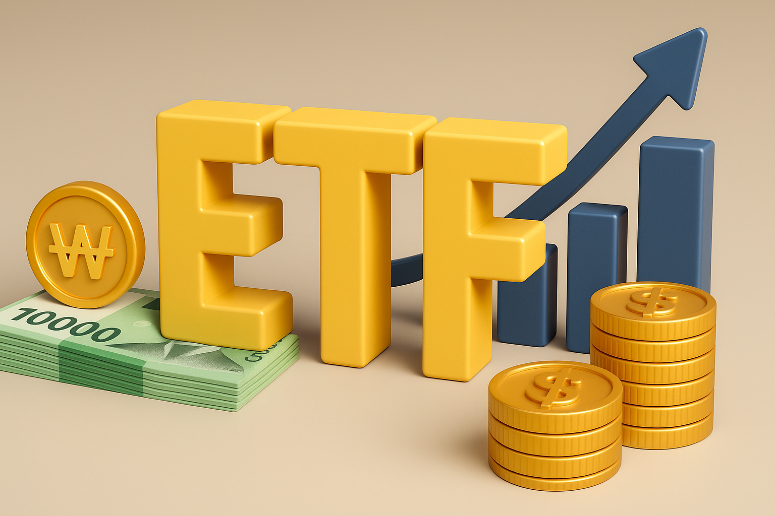ETF 텍스트와 재테크와 연관있는 그래프, 화폐들을 형상화 한 이미지