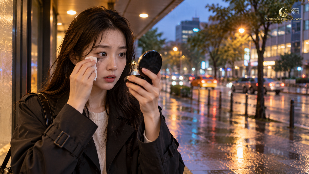 비 오는 저녁 외출 중 눈화장이 번져 손거울을 보며 수정하는 꿈 장면