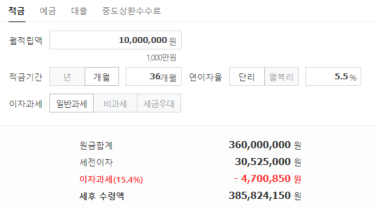 민물장어양식수협 SH얼쑤정기적금특판 36개월 금리 5.5% 계산