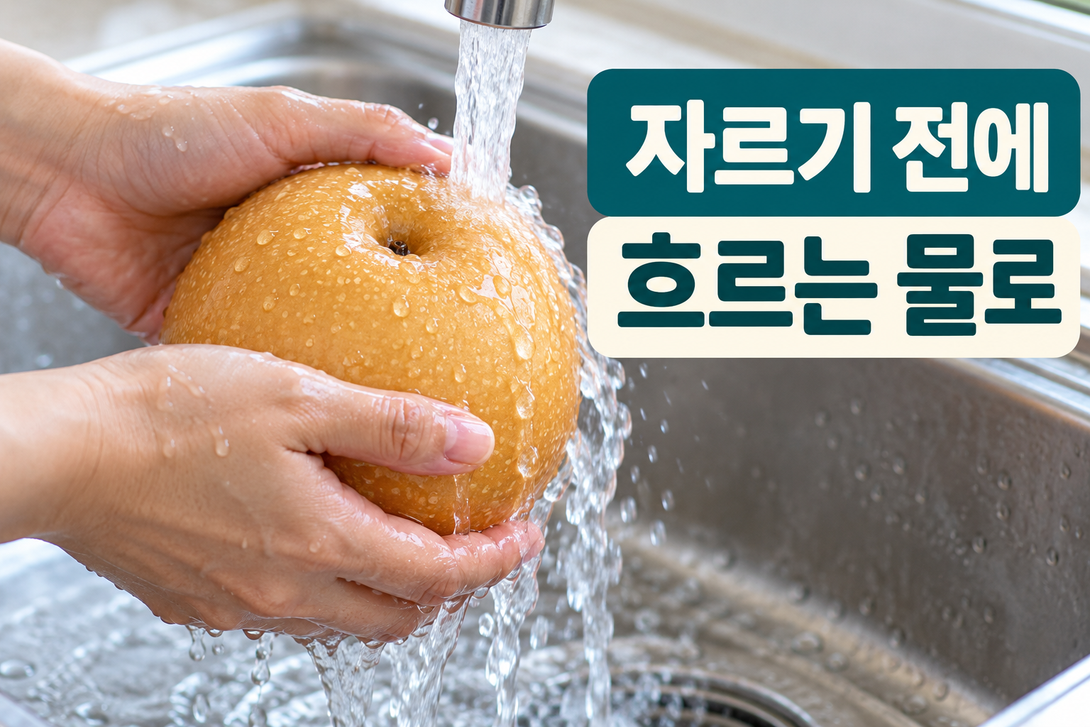 둥근 한국 배를 흐르는 물 아래에서 씻는 손
