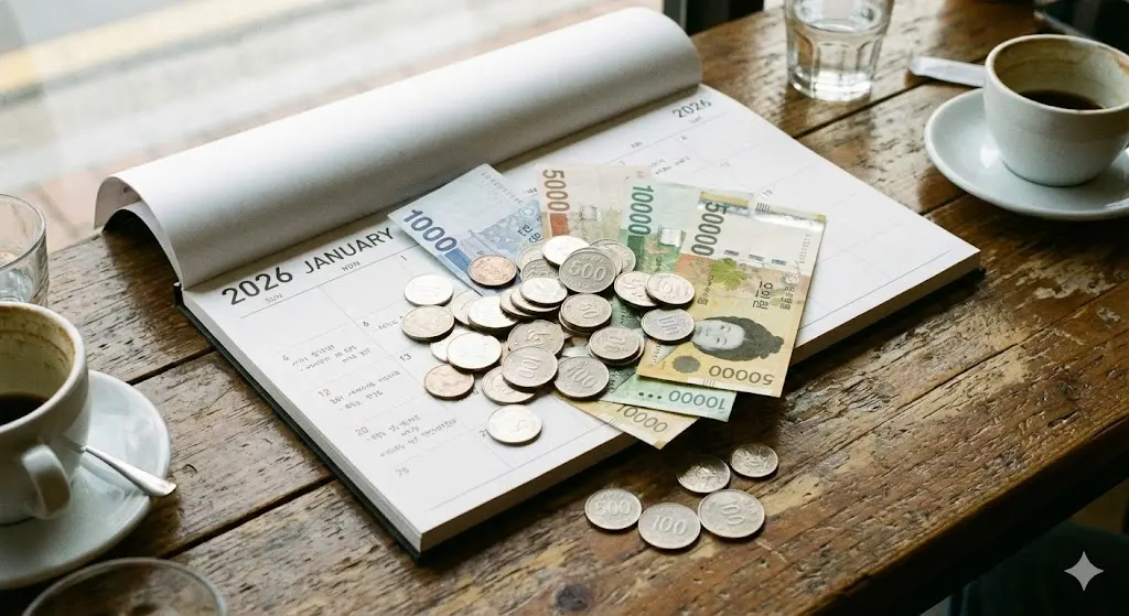 2026년 1월 달력 위에 놓인 현금과 동전, 확대된 정부지원금과 생계급여 인상을 상징하는 이미지