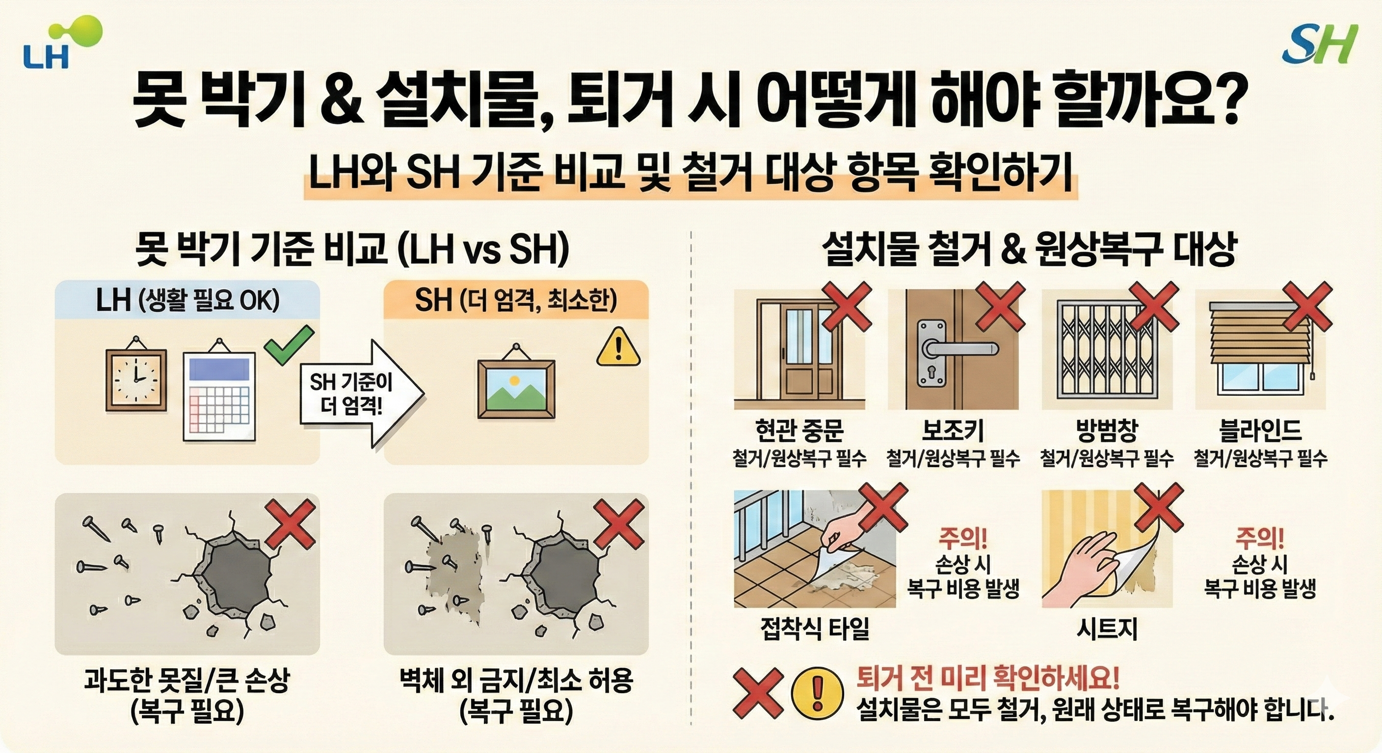 lh sh 못박기 및 설치물 퇴거 시 어떻게 해야 할까요?