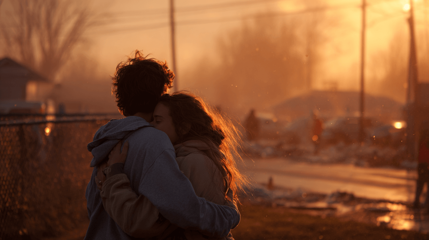 황폐해진-마을-한가운데서-서로-안고-있는-남, 여