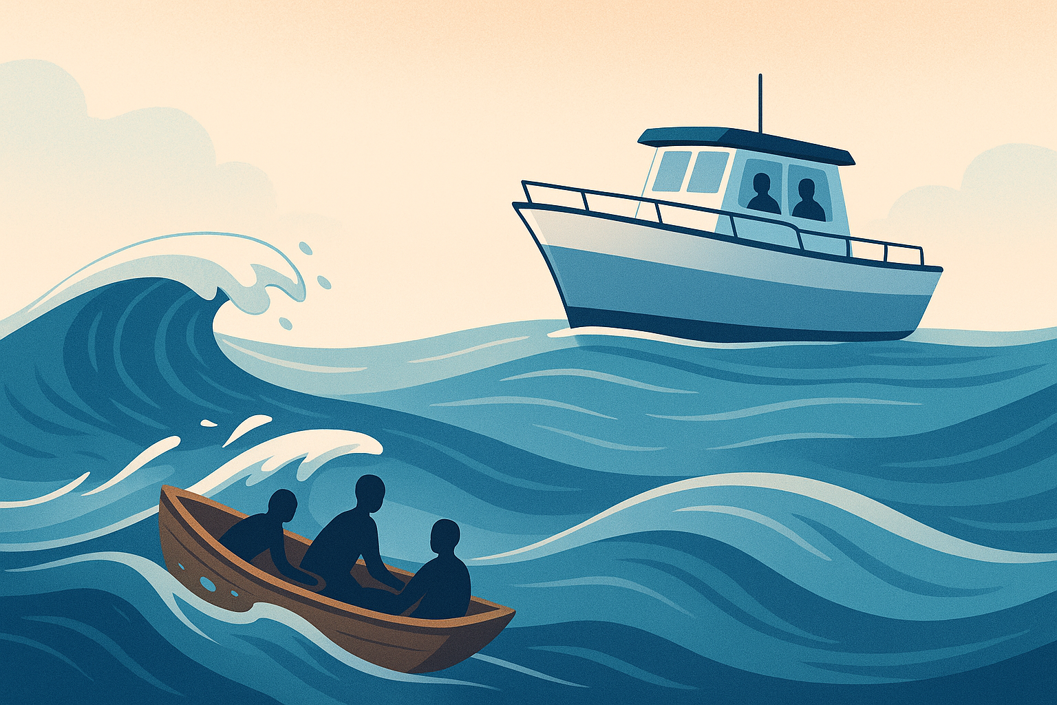 파도가 치는 바다에 작은 배를 타는 사람들과 큰 배를 타는 사람들 일러스트