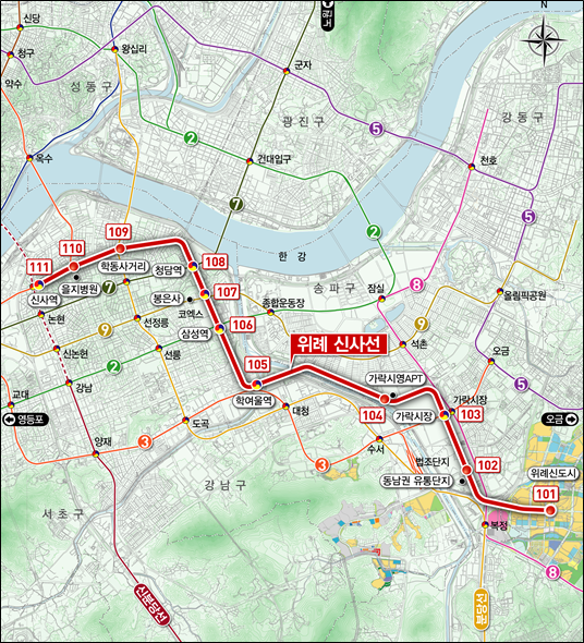 위례신사선-노선-위례신도시-가락시장-학여울역-삼성역-봉은사-청담역-학동사거리-을지병원-신사역