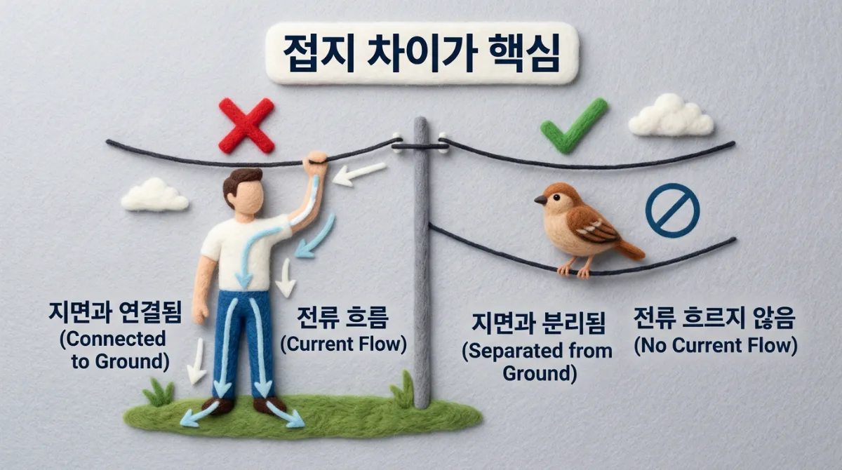 사람과 새가 전선을 만질 때의 접지 차이를 비교한 니들 펠트 스타일 교육용 인포그래픽