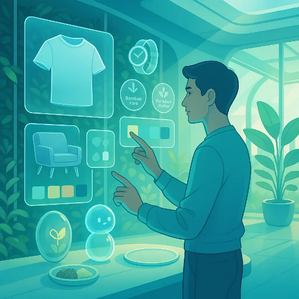 홀로그램 패널을 조작하며 제품을 커스터마이징하는 고객과 AI 디바이스, 친환경적인 미래형 쇼핑 공간의 디지털 일러스트