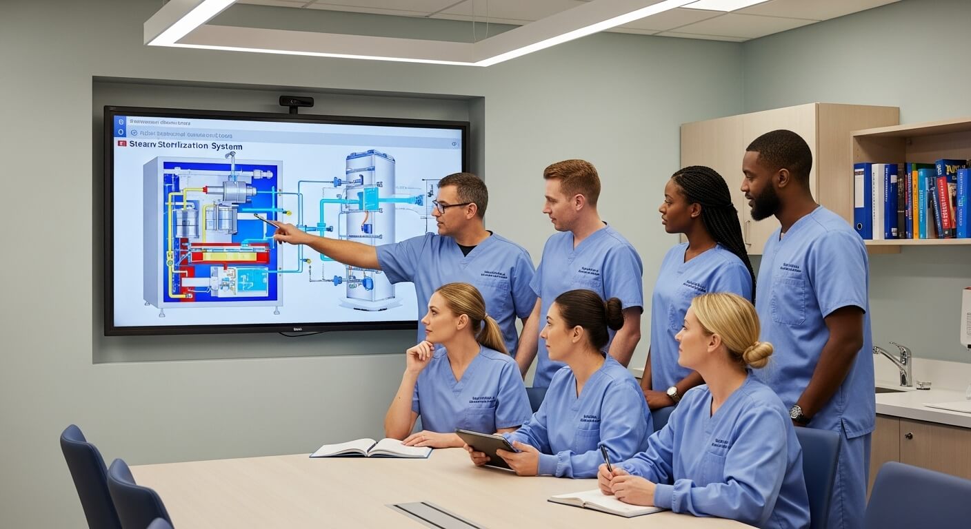 병원 멸균실 직원들이 교육실에서 증기 멸균 시스템 다이어그램을 보며 멸균 프로토콜에 대해 토론하는 모습.
