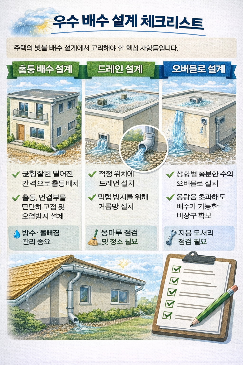우수 빗물 배수 설계 체크리스트 홈통 드레인 오버플로 핵심