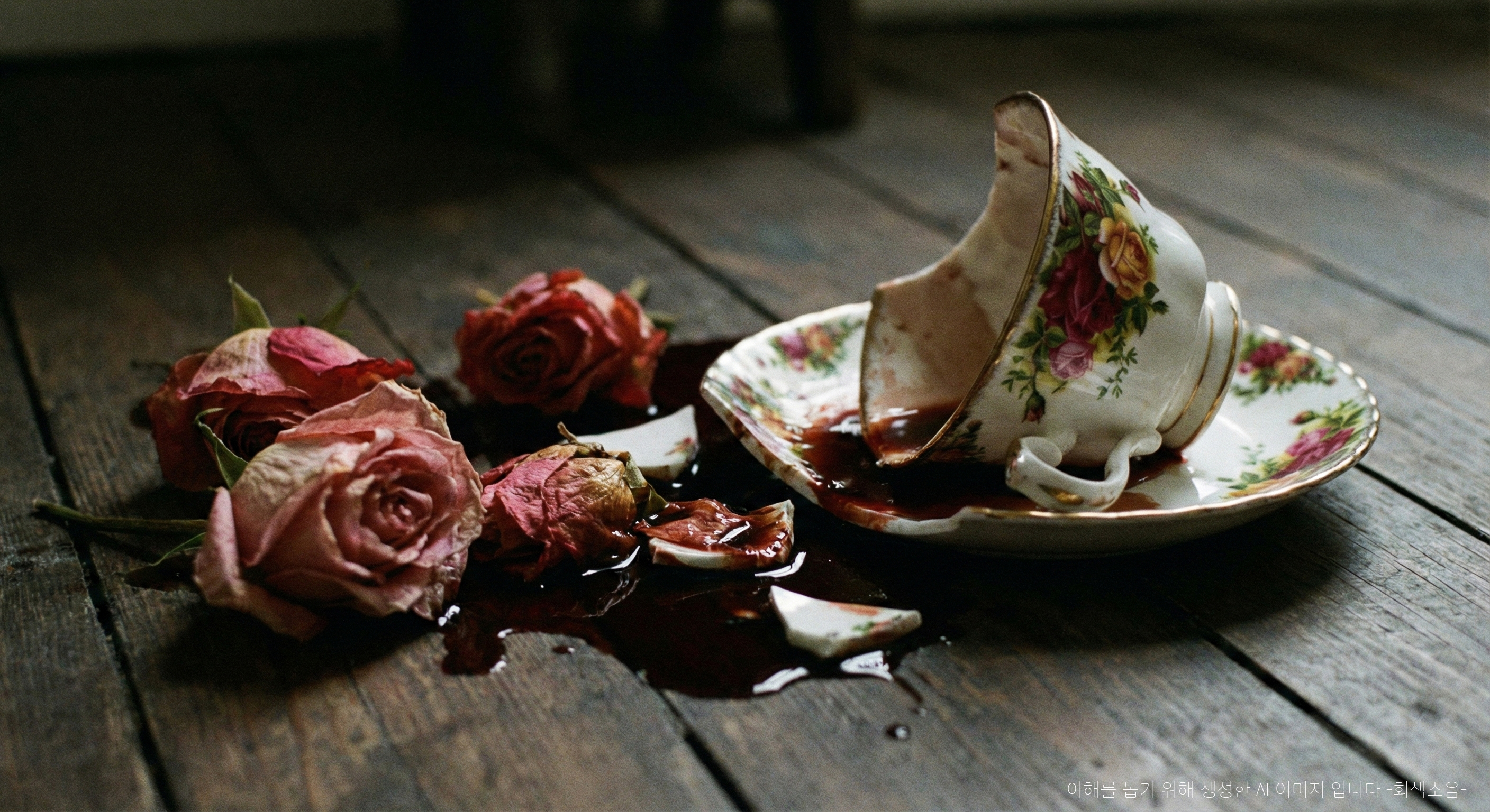가짜의 종말 : 어두운 나무 바닥 위에 깨진 앤티크 찻잔과 피처럼 보이는 액체, 젖은 종이꽃들이 흩어져 거짓된 아름다움과 죽음을 암시하는 매크로 장면.