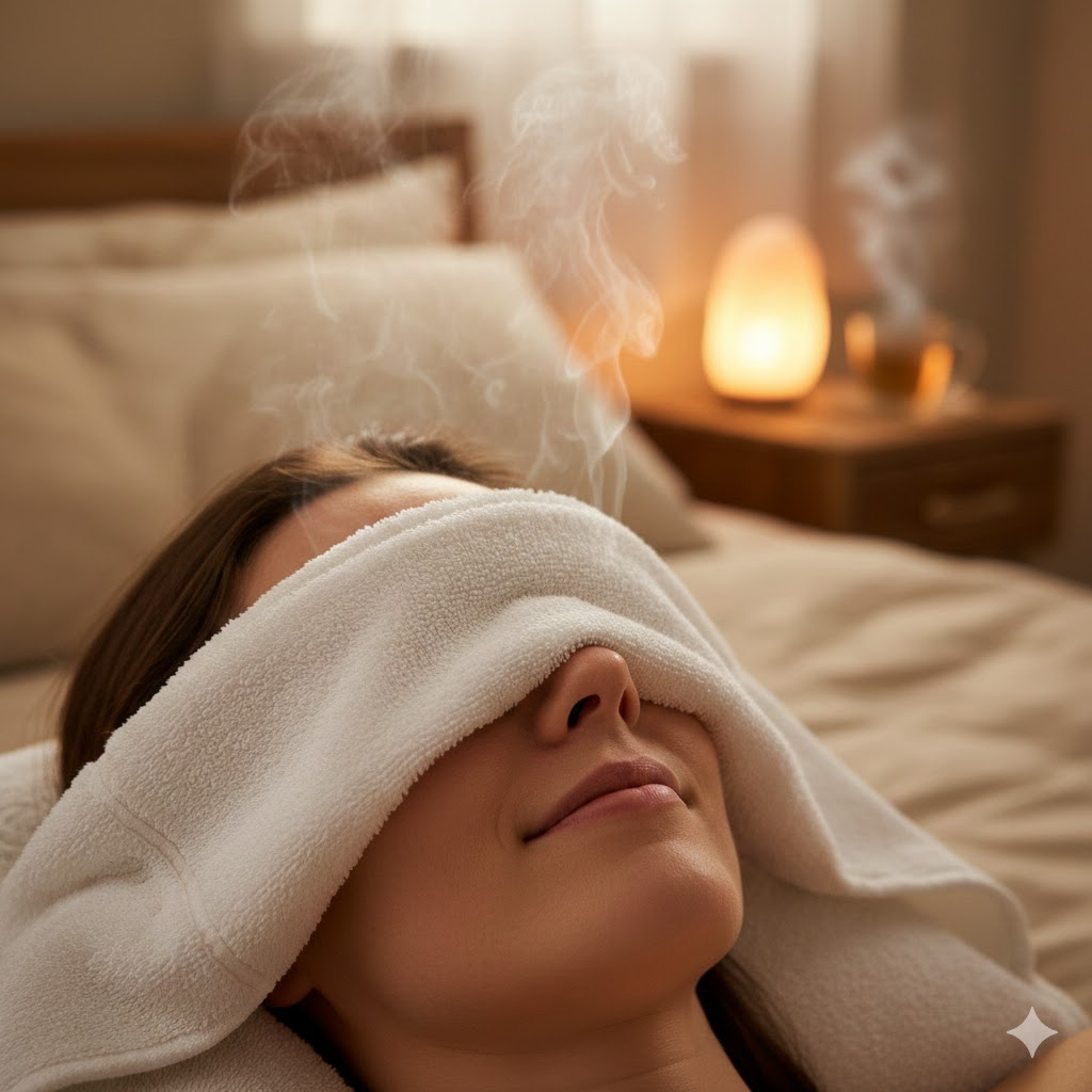 김이 모락모락 나는 따뜻한 수건을 눈 위에 올리고 휴식을 취하는 편안한 모습