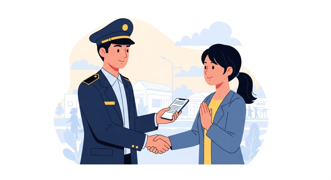 공무원과 시민이 악수하는 모습으로, 처우 개선을 통한 공공 서비스 품질 향상을 상징하는 그림. 배경에는 지역 사회 모습이 보인다.