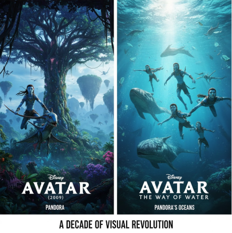 아바타 1편과 2편의 주요 장면을 나란히 배열한 이미지