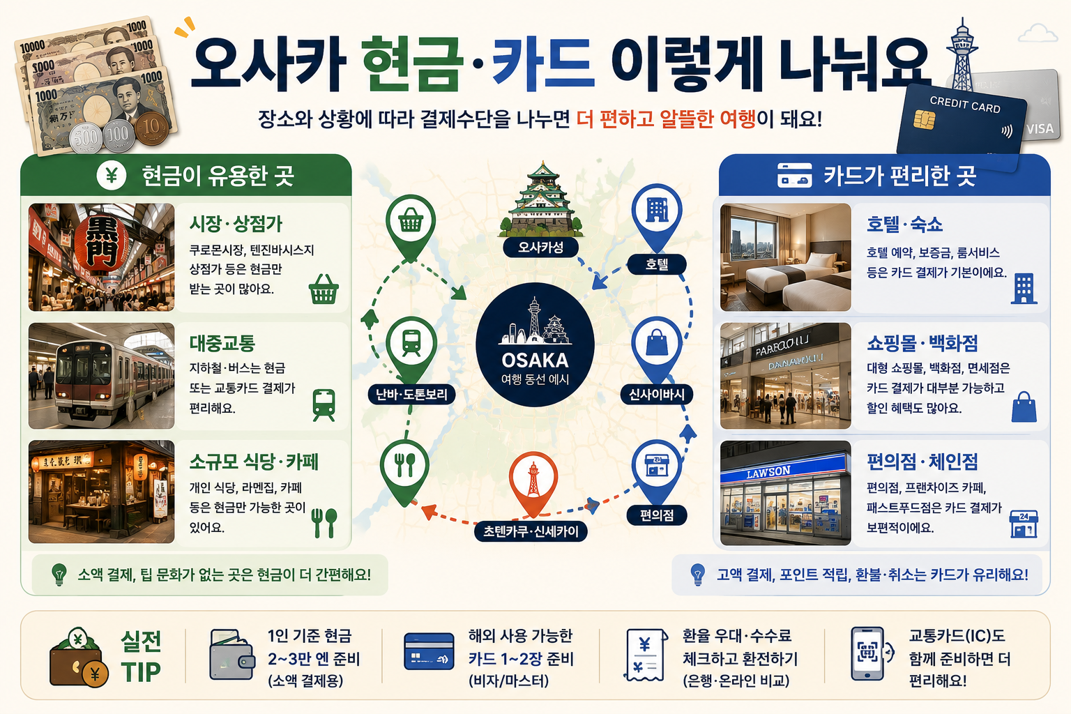 오사카 3박4일 여행경비를 엔화 현금과 카드 결제로 나누는 이미지