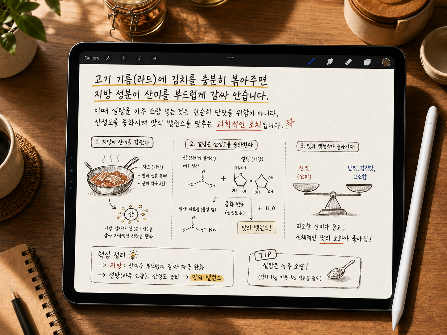 원목 테이블 위 아이패드에 스타일러스 펜으로 작성된 '돼지고기 김치찌개의 과학' 노트. 이미지에는 김치를 고기 기름(라드)에 볶을 때 지방이 산미를 부드럽게 감싸는 원리와, 설탕이 산성도를 중화시켜 맛의 밸런스를 맞추는 과정이 도식화되어 있다. 왼쪽에는 팬에서 김치를 볶는 일러스트가, 중앙에는 산(젖산)과 설탕(자당)의 화학 반응식이, 오른쪽에는 신맛과 감칠맛이 평형을 이루는 저울 일러스트가 그려져 있다. 하단에는 '지방은 산미의 자극을 완화하고, 설탕은 산성도를 중화하여 맛의 밸런스를 맞춘다'는 핵심 정리와 '설탕은 김치 1kg 기준 1/2 작은술 정도만'이라는 조리 팁이 상세히 적혀 있다. 요리의 물리화학적 원리를 정갈하고 교육적인 필치로 설명하는 이미지이다.