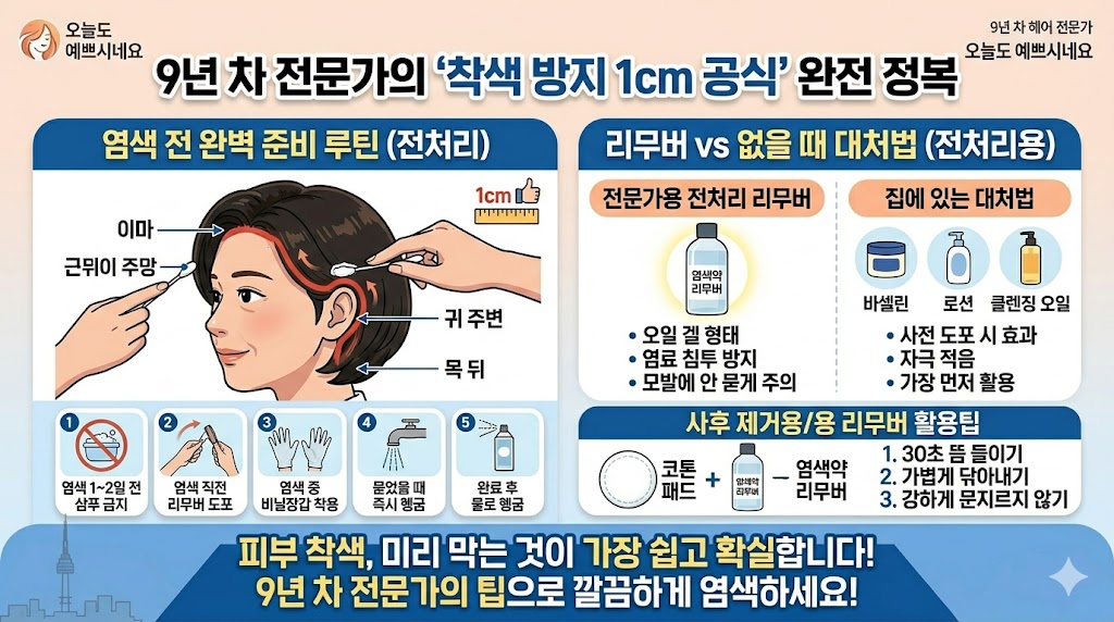 9년 차 헤어 전문가가 알려주는 염색 전 피부 착색 방지 1cm 도포 구역(이마, 귀, 목 뒤) 가이드. 전처리 리무버와 대처법(바셀린, 로션) 비교 및 사후 제거 팁을 담은 인포그래픽 이미지.