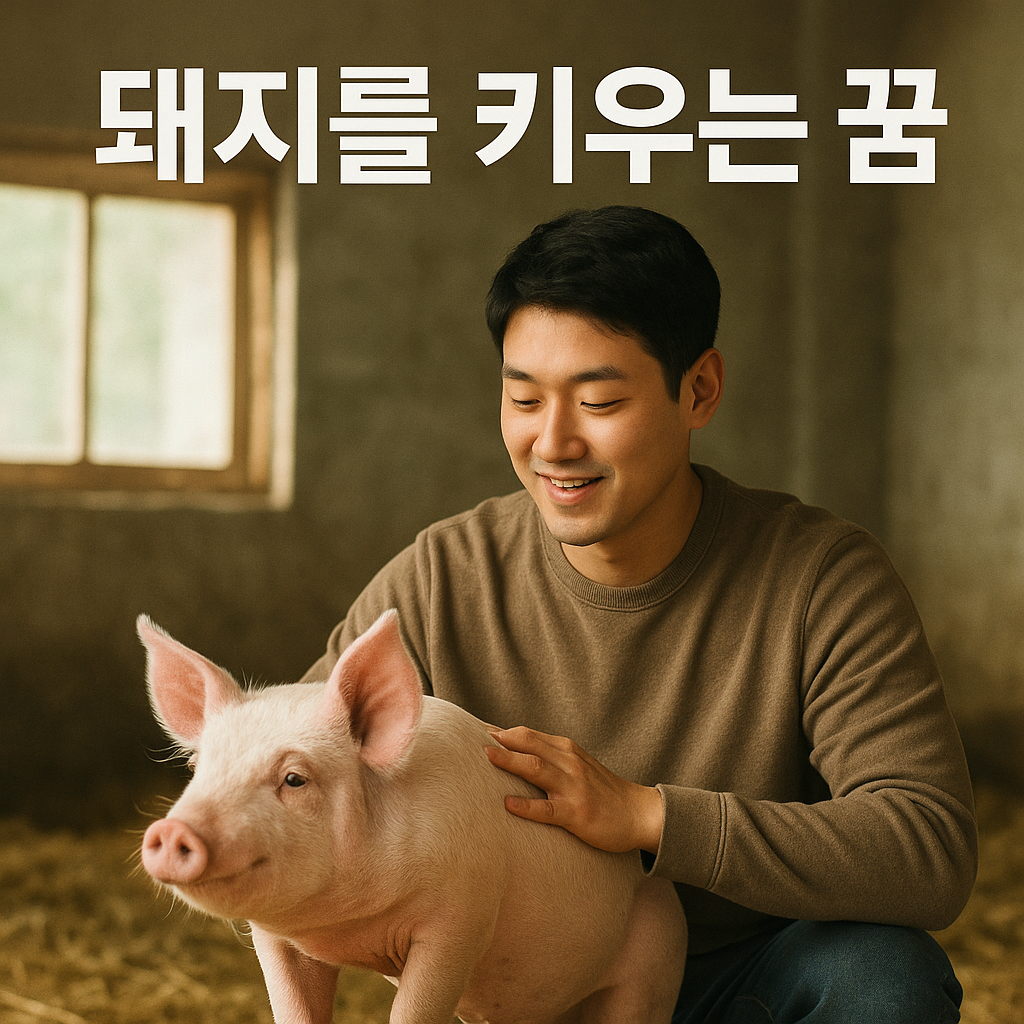 돼지를 키우는 꿈 – 햇살이 드는 축사에서 돼지를 쓰다듬으며 미소 짓는 젊은 한국 남성의 모습