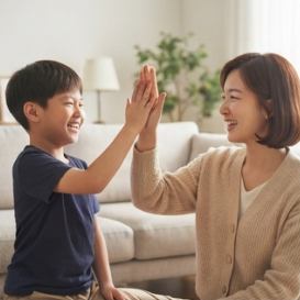 미션을 마친 아이와 하이파이브 하는 장면