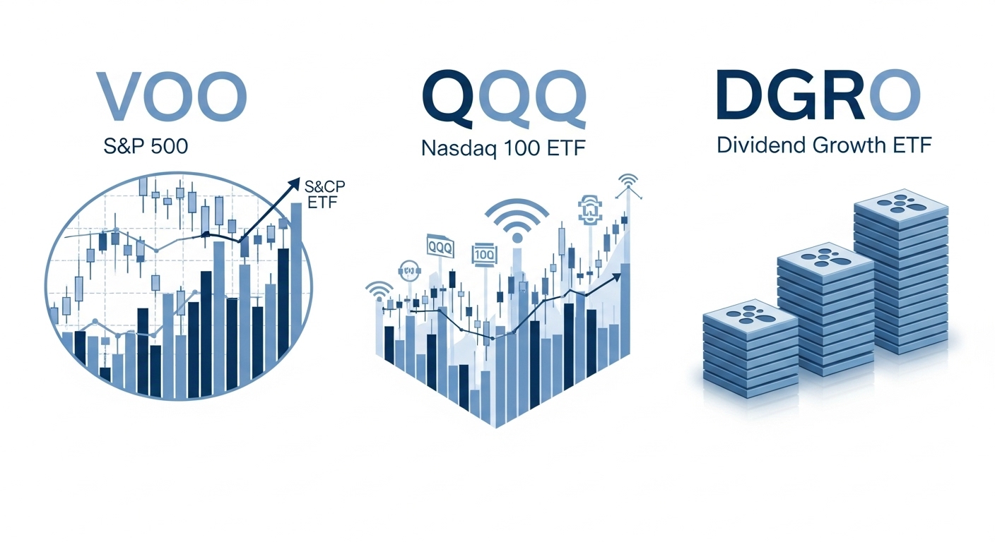 VOO, QQQ, DGRO 세 가지 ETF를 상징하는 금융 차트 및 로고 이미지. 분산 투자와 성장