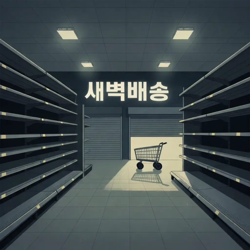 새벽배송을 상징하는 비어 있는 대형마트 내부와 장바구니, 야간 유통 구조의 이면을 표현한 이미지