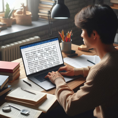 노트북 화면에서 텍스트를 편집하는 사람