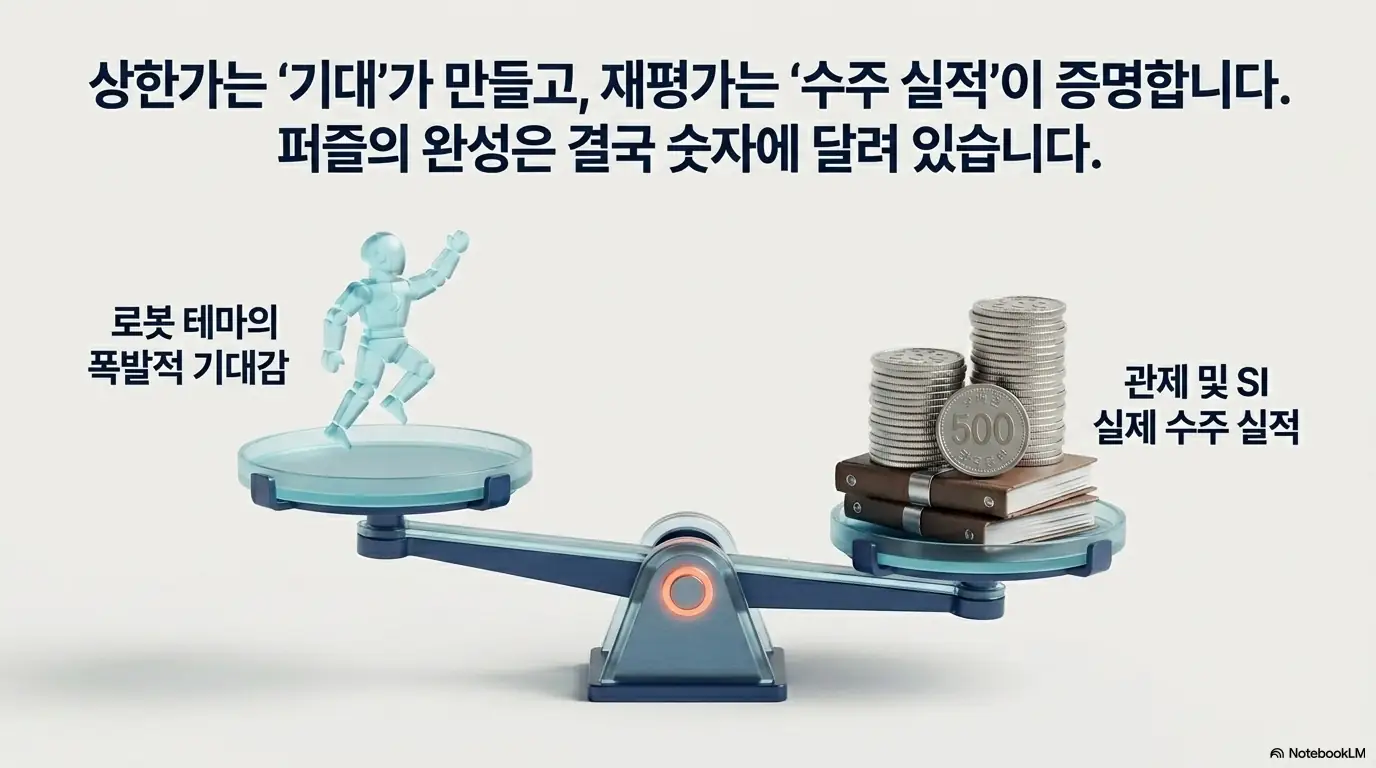 현대오토에버 주가: 상한가는 로봇 테마 기대가 만들지만 재평가는 관제&middot;SI 실제 수주 실적이 증명하며&amp;#44; 퍼즐의 완성은 결국 숫자에 달려 있다는 결론을 저울로 표현한 이미지. 블로그의 현대오토에버 주가 전망 종합과 관련된 내용을 설명함. 