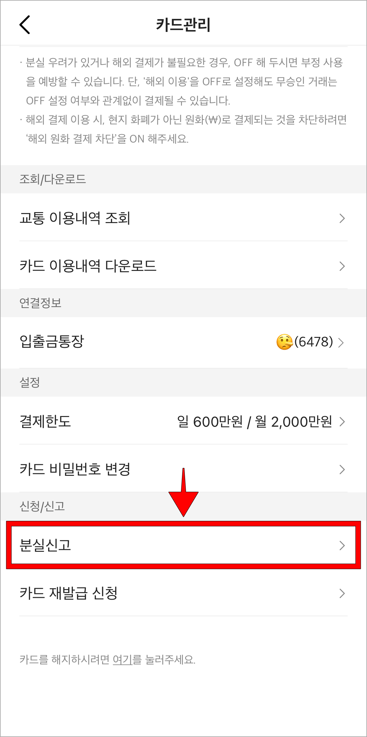 카드 관리에서 '분실신고'를 선택