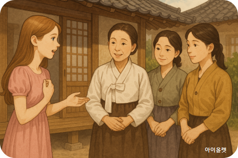 아줌마들에게 연오를 소개해 달라고 부탁하는 모습