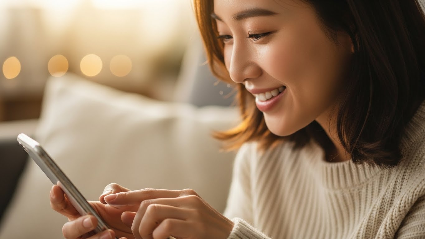 [이미지 #1: 스마트폰으로 신년 인사를 보내며 미소 짓는 사람의 모습]