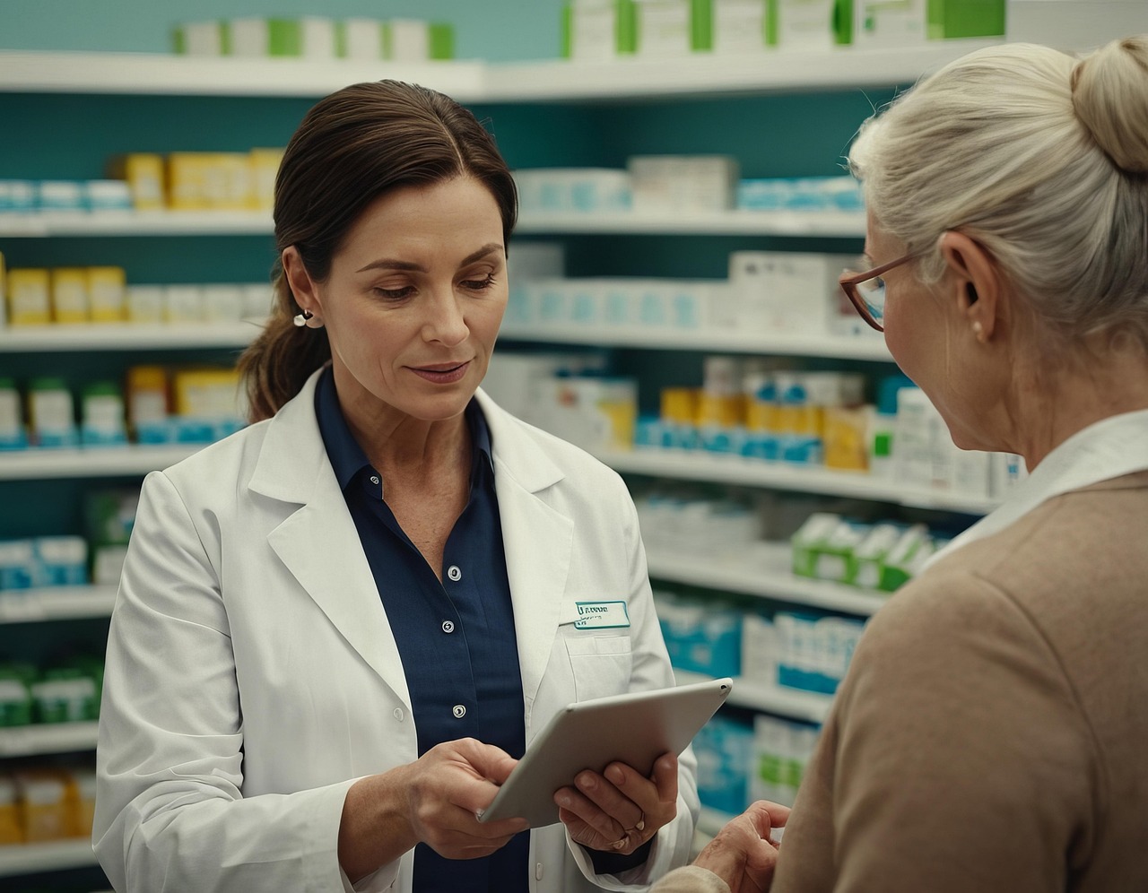약국에서 환자에게 설명을 하는 약사