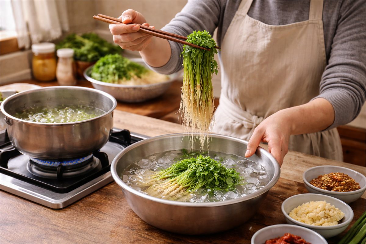 데친 냉이를 찬물로 빠르게 옮겨 식히는 조리 장면 