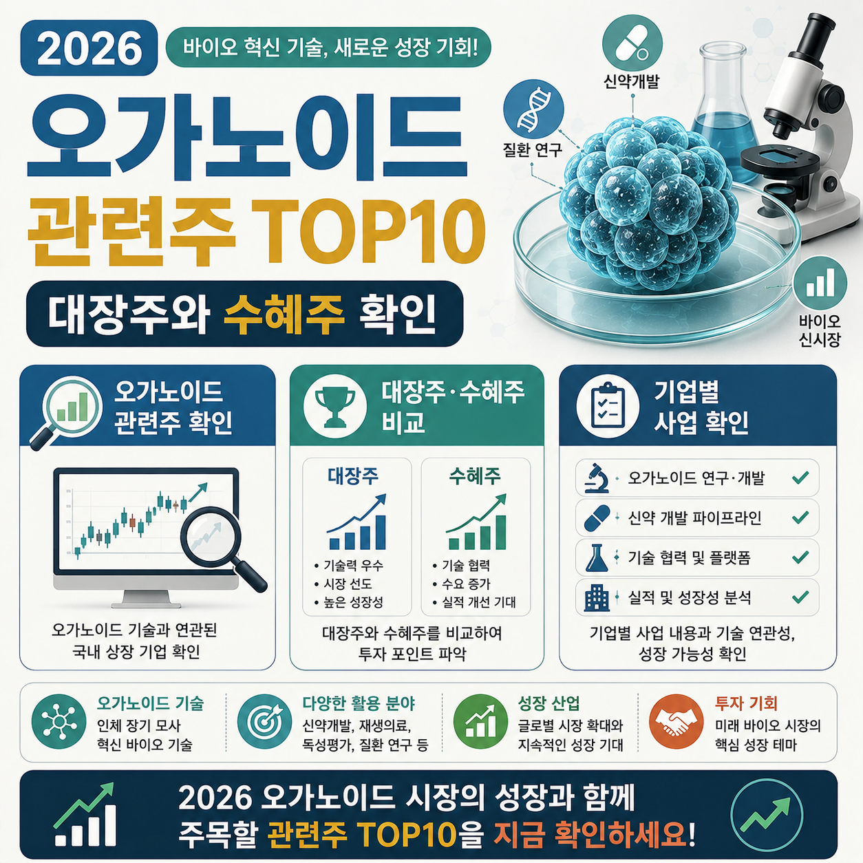 오가노이드 관련주 대장주와 수혜주를 비교하는 이미지