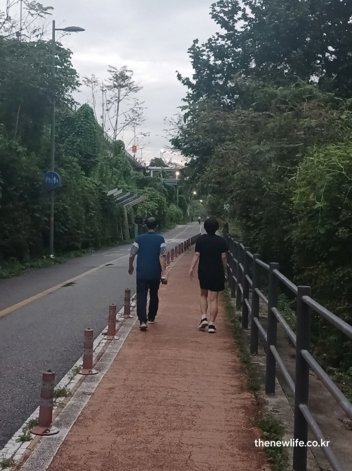 숲길 산책로에서 두 남녀가 만 보 걷기 운동 실천 중