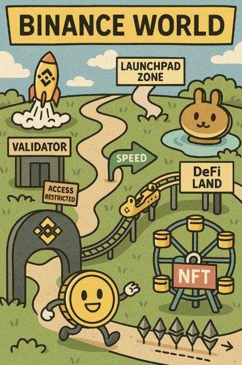 ‘BNB 코인이 이끄는 바이낸스 생태계’라는 문구를 시각적으로 표현한 대표 이미지. BNB 캐릭터가 바이낸스 월드를 탐험하며 Validator, Launchpad, DeFi Land, NFT 영역을 지나고, 중앙화 논란을 상징하는 'Access Restricted' 표지와 빠른 속도를 의미하는 롤러코스터가 함께 등장함. 이 이미지는 블로그 주제인 바이낸스 생태계의 구조와 BNB의 역할을 요약적으로 전달함 (Binance BNB ecosystem map, DeFi, Launchpad, NFT).