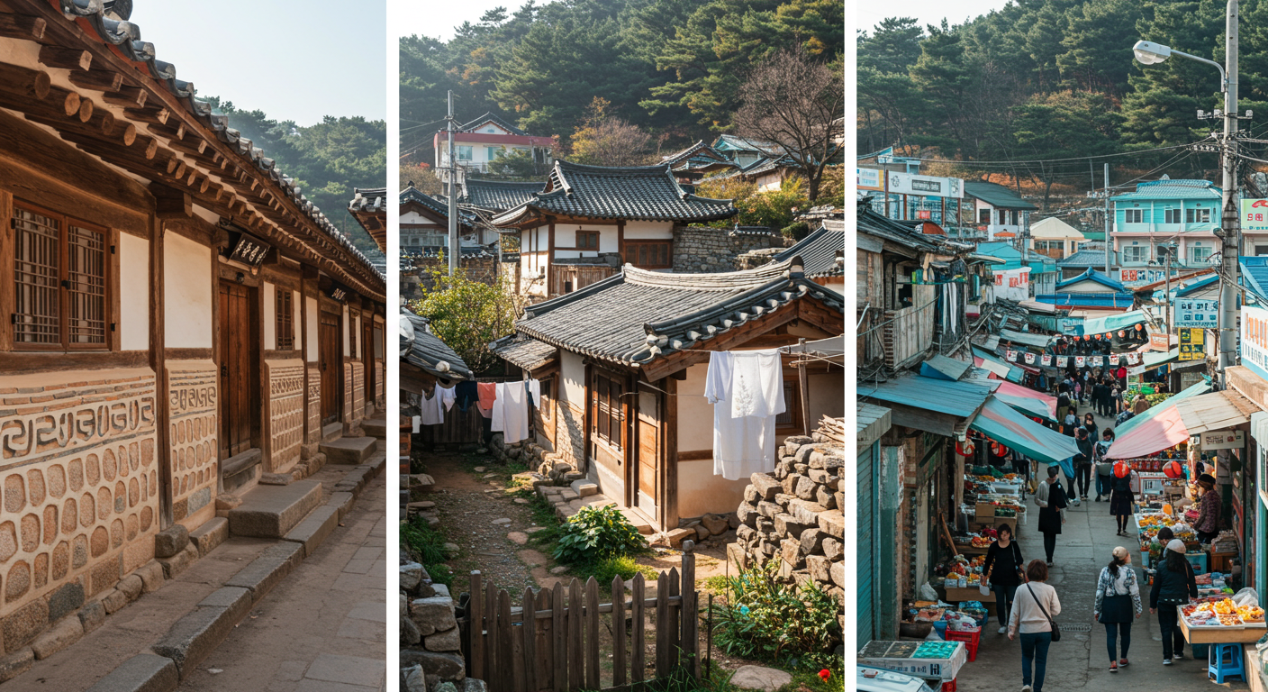 강원도 한옥, 시장을 배경으로 역사와 문화 여행의 여운을 느끼는 모습