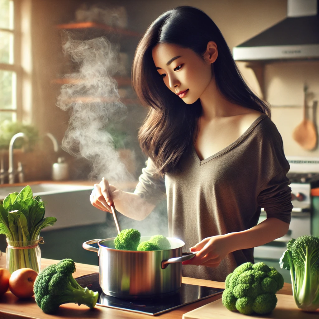 브로콜리를-찌고있는-여자