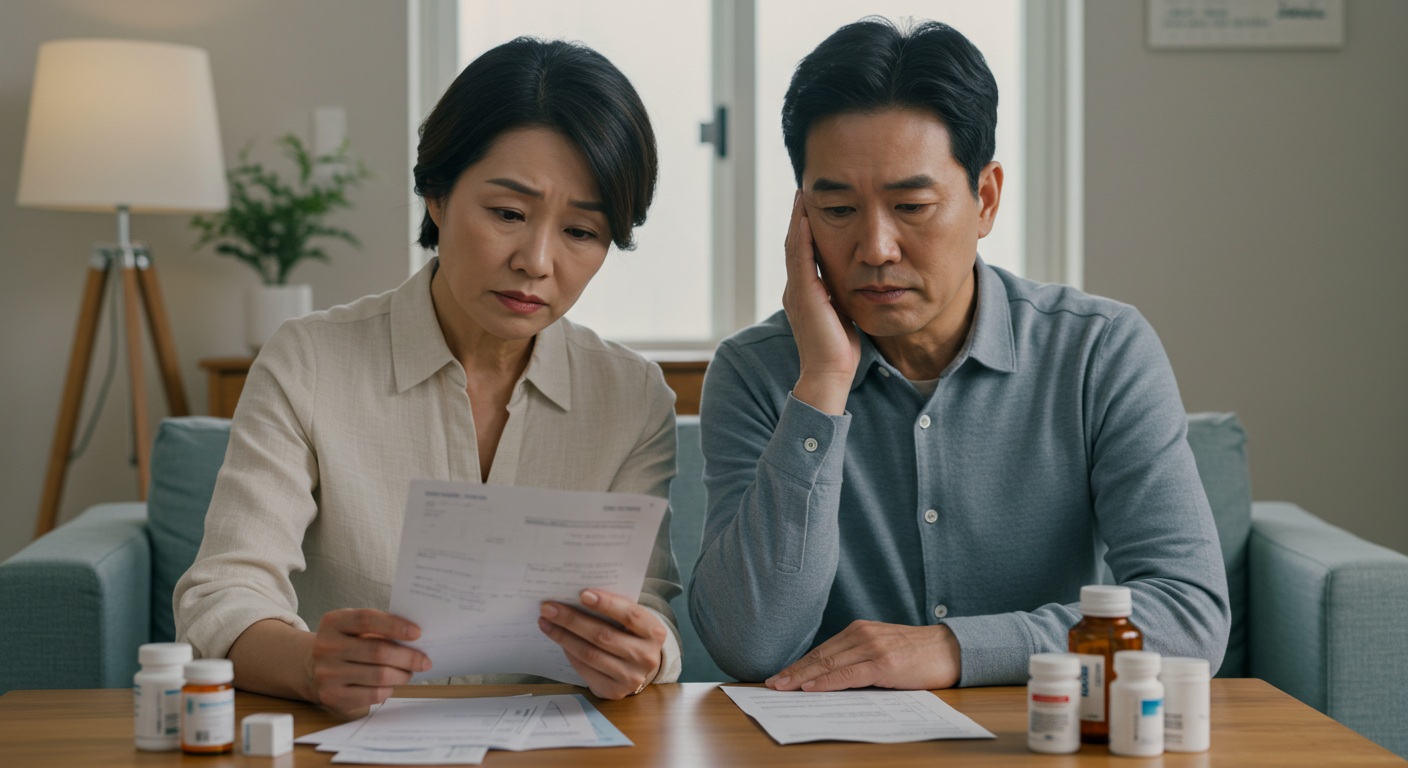 약제비 영수증과 건강보험 서류를 검토하는 중년 부부의 모습