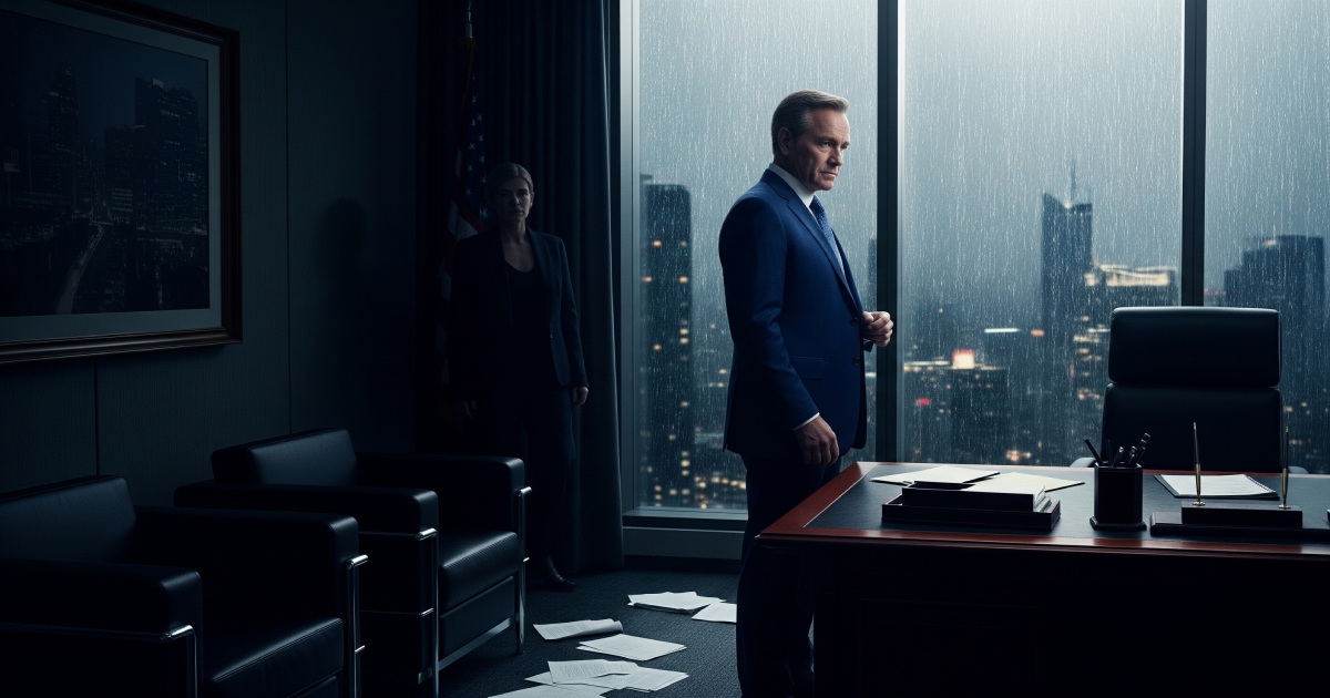 어두운 정부 청사에서 도시를 내려다보는 정치 스릴러 장면