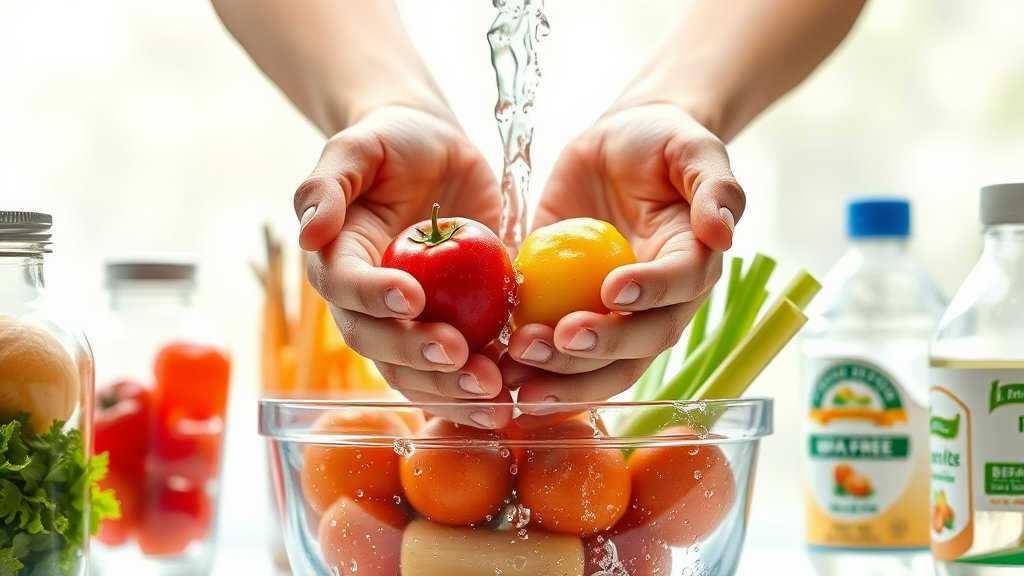 유해 플라스틱을 피하고 유리 용기에 보관하는 손, 흐르는 물에 신선한 과일과 채소를 깨끗이 씻는 모습