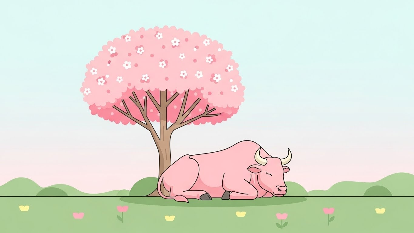 한 주를 마무리하며 꽃나무 아래에서 편안하게 휴식을 취하는 소띠의 평온함을 표현한 벡터 일러스트