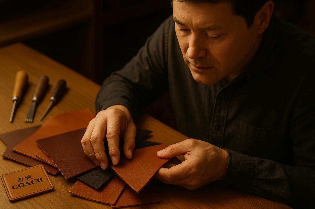 천연 가죽의 질감을 살피는 장인의 손끝을 보여주는 장면