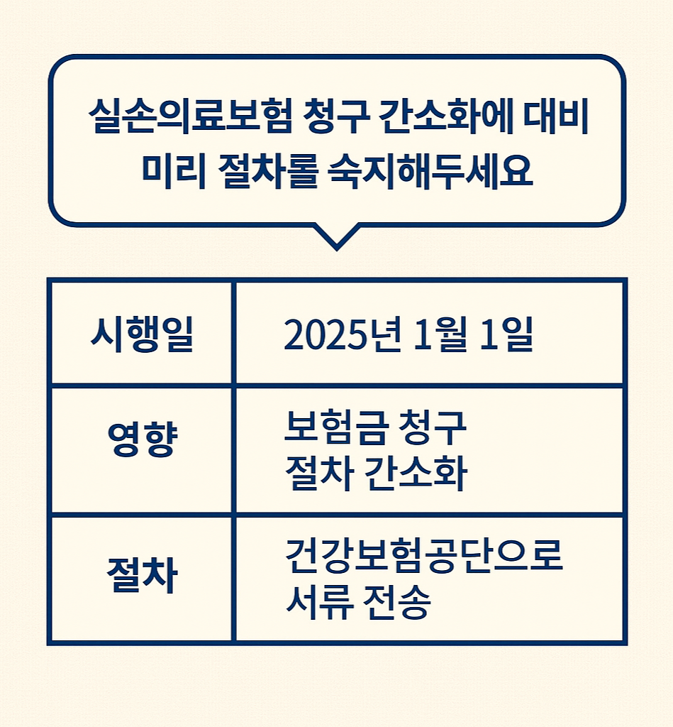 실손의료보험 청구 간소화를 위한 시행일, 영향, 절차를 요약한 말풍선형 마무리 인포그래픽