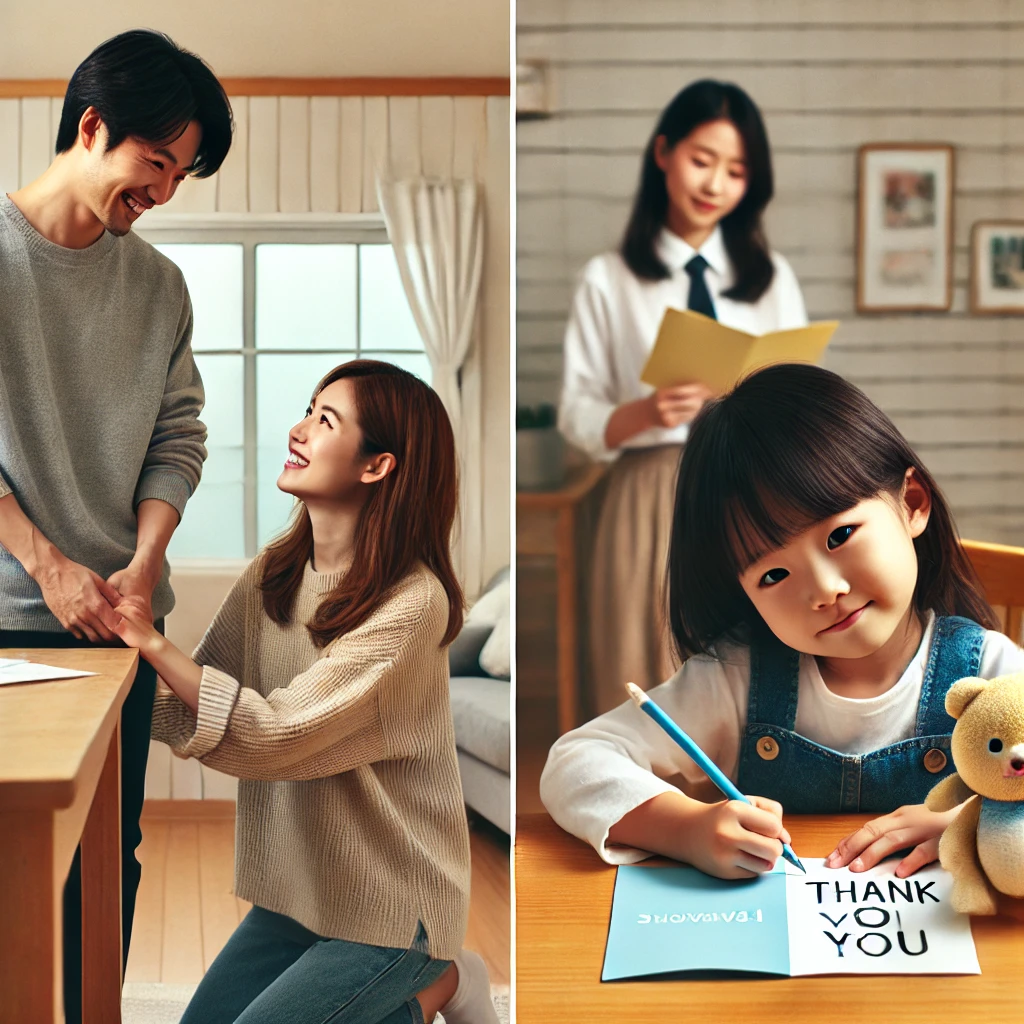 집에서 아이가 책상에 앉아 감사 카드를 작성하는 모습. 부모는 옆에서 따뜻하게 격려하며 아이를 도와주는 장면. 깔끔하고 아늑한 한국식 인테리어가 돋보임.