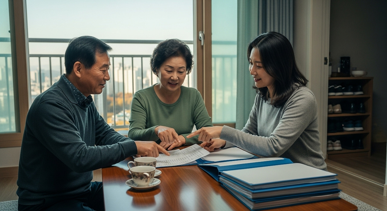 서울의 아파트 단지와 공원 산책로를 배경으로, 노부부와 성인 자녀가 식탁에 앉아 서류철과 노트를 펼쳐 상속 재산 목록을 함께 점검하는 장면
