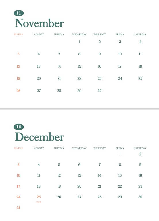 2023년 11월 12월 달력 프린트